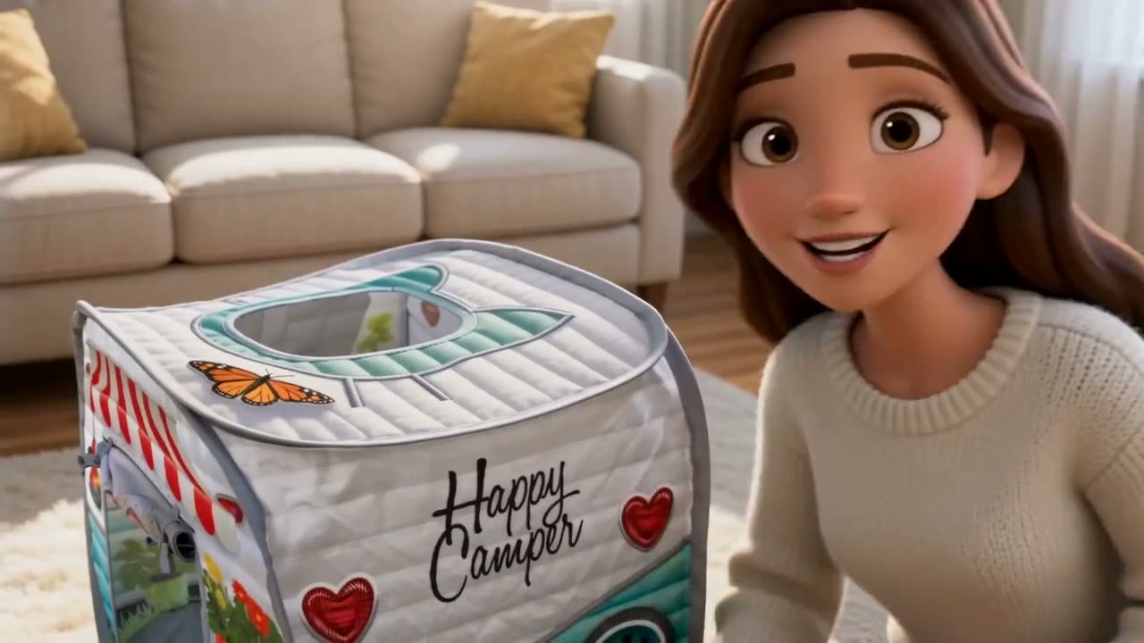 3D animated AI ad frame: a smiling 3D woman in a cream sweater gives a thumbs-up beside a camper-van-shaped cat play tent with a tabby cat peeking out of the top