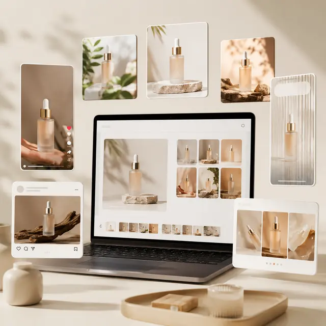 One product photo turned into ad creative across TikTok, Instagram and Facebook formats with Shhots AI