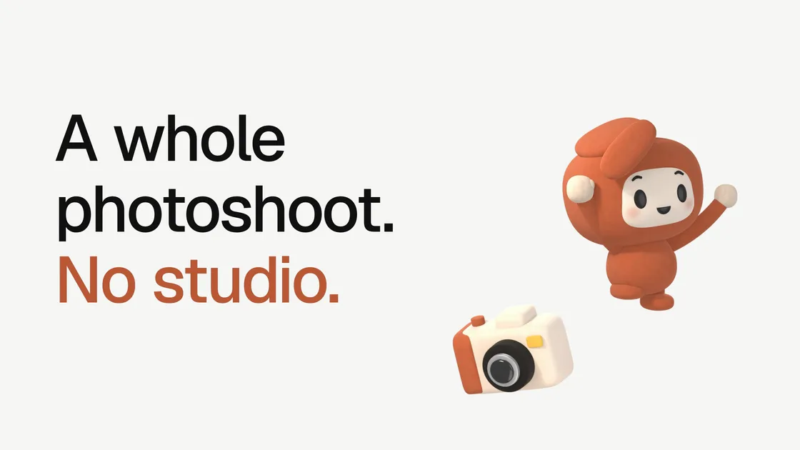 Frame from the product photoshoots film: the words A whole photoshoot, No studio, with the Shhots mascot waving beside a small cream camera
