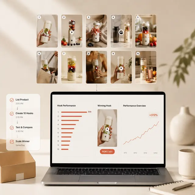 Ten AI-generated hook variations for a new product tested the same day, with the winning hook and ROAS shown in Shhots AI