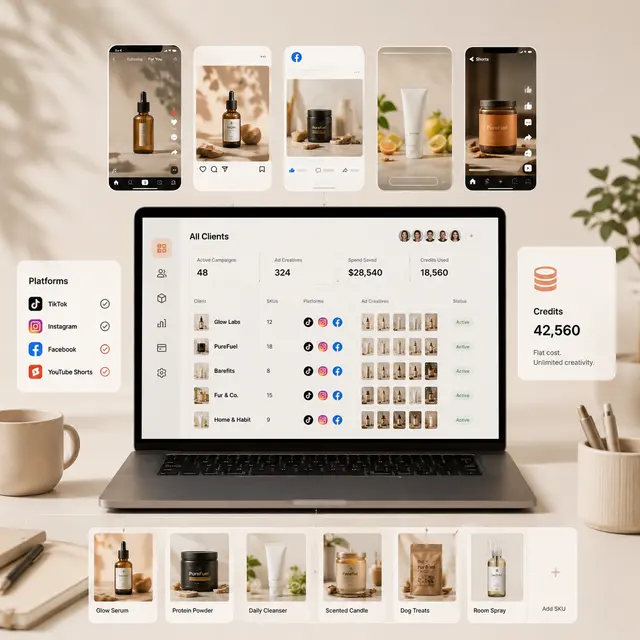 Shhots AI agency dashboard managing TikTok ad creative across multiple client brands and SKUs on a flat credit cost
