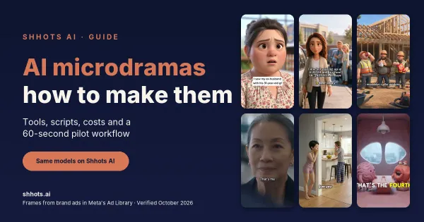 AI microdramas guide cover: six frames from AI-made brand ads running on Meta, a 3D animated woman in a supermarket, a woman beside a parked car, three construction workers at lunch, a 63-year-old woman at passport control, a woman listening at a kitchen doorway and a clay brain character at a desk, next to the title AI microdramas, how to make them