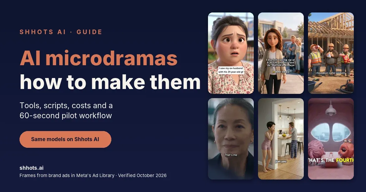 AI microdramas guide cover: six frames from AI-made brand ads running on Meta, a 3D animated woman in a supermarket, a woman beside a parked car, three construction workers at lunch, a 63-year-old woman at passport control, a woman listening at a kitchen doorway and a clay brain character at a desk, next to the title AI microdramas, how to make them