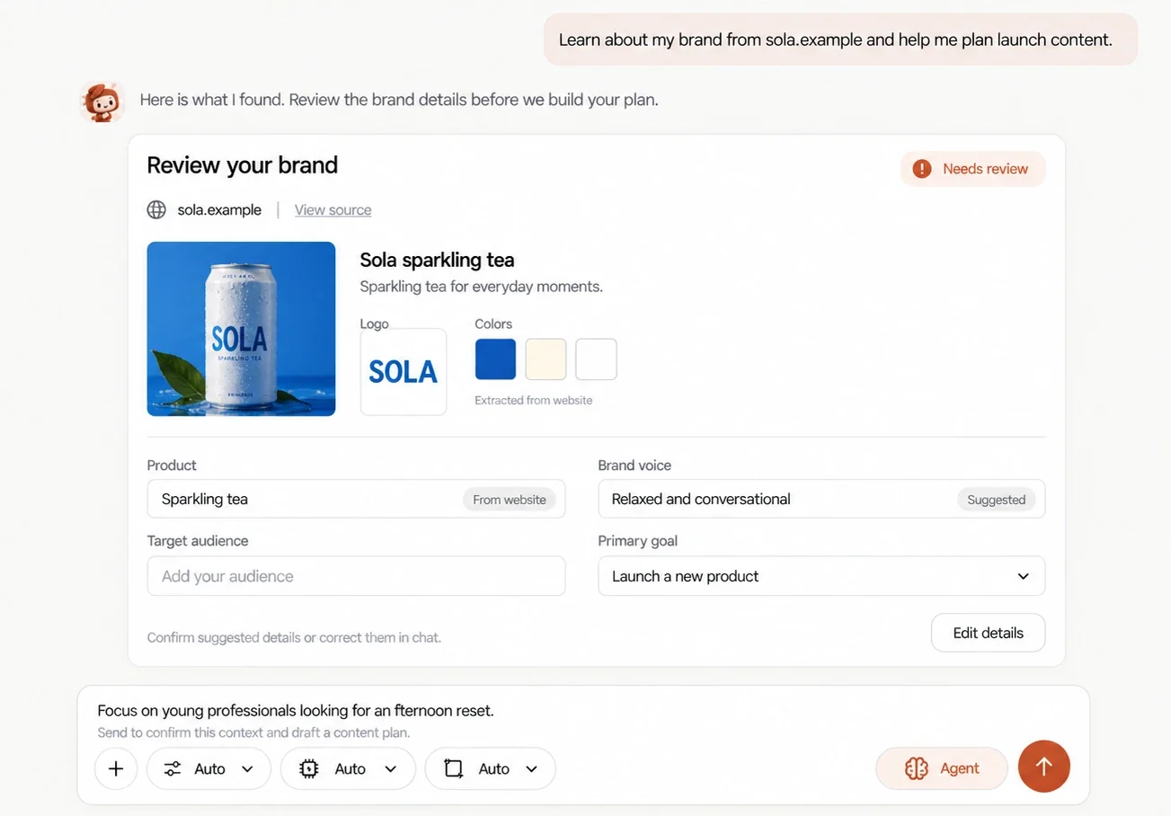Review your brand card in Shhots Agent for the sample site sola.example, showing a blue Sola sparkling tea can, the extracted logo and three colours, product and brand voice fields tagged From website and Suggested, an empty target audience field, a Launch a new product goal and a Needs review badge
