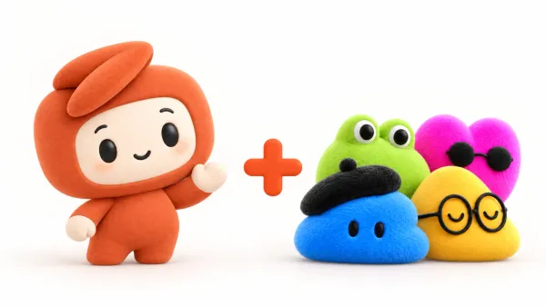 An orange clay-style character in a hooded suit waving, standing in for Shhots AI, next to a plus sign and four fuzzy ChatGPT Dots characters: a green frog, a pink heart in sunglasses, a blue blob in a black beret and a yellow blob in round glasses