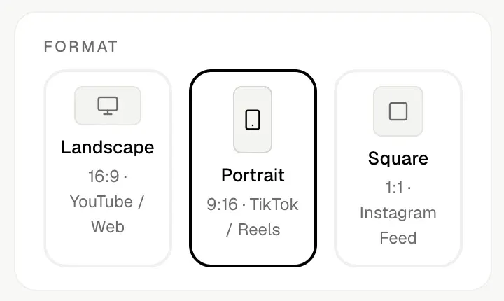 Format picker in the Shhots AI podcast ad generator with three aspect ratio cards: Landscape 16:9 for YouTube and web, Portrait 9:16 for TikTok and Reels, selected, and Square 1:1 for the Instagram feed