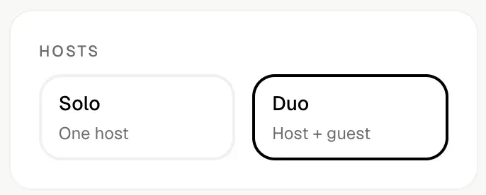 Hosts picker in the Shhots AI podcast ad generator with Solo for one host and Duo for a host plus a guest, with Duo selected