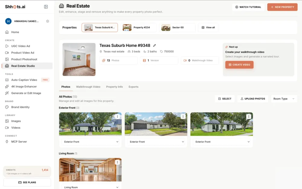 The Shhots AI Real Estate Studio property dashboard for Texas Suburb Home showing 13 uploaded listing photos automatically grouped under Exterior Front and Living Room headings