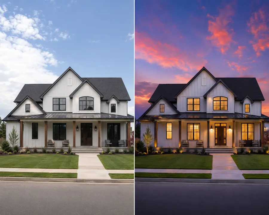 Before and after AI real estate photo editing — daytime exterior listing photo converted to a warm twilight hero shot with relit facade and dusk sky