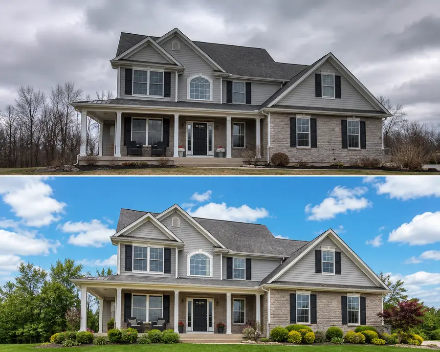 Before and after AI real estate photo editing — exterior listing photo with AI sky replacement and lawn greening for a clean blue-sky, summer-green hero shot