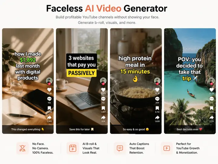 Faceless AI video generator output: four vertical 9:16 faceless short-form videos with bold AI-generated text hooks and auto captions over b-roll, shown with TikTok-style like, comment and share counts, all made without a camera or on-camera presenter