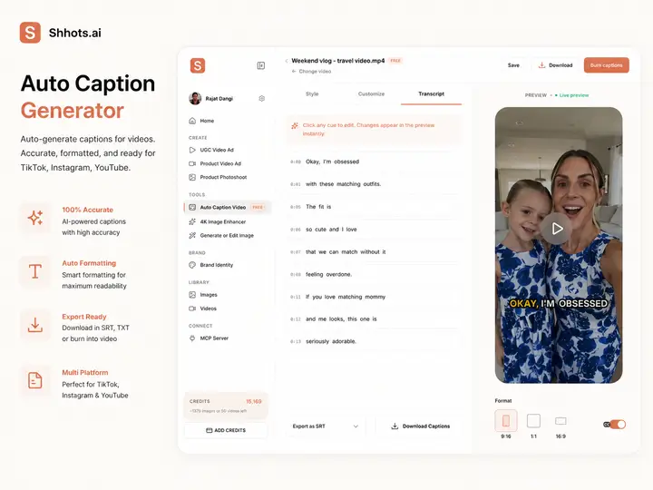 Shhots AI auto caption generator interface: an editable timestamped transcript beside a 9:16 live preview of a vlog with yellow burned-in captions, plus Export as SRT, Download Captions and 9:16, 1:1 and 16:9 format options