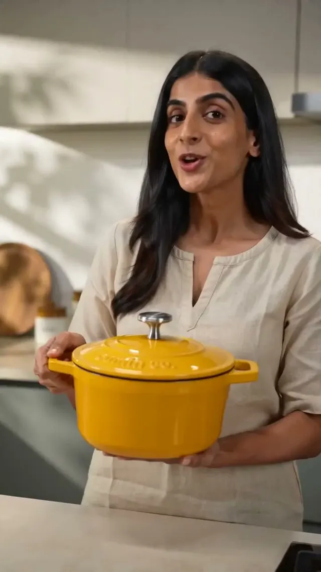 AI UGC ad: a creator in a bright kitchen presenting a yellow enamel cooking pot to camera