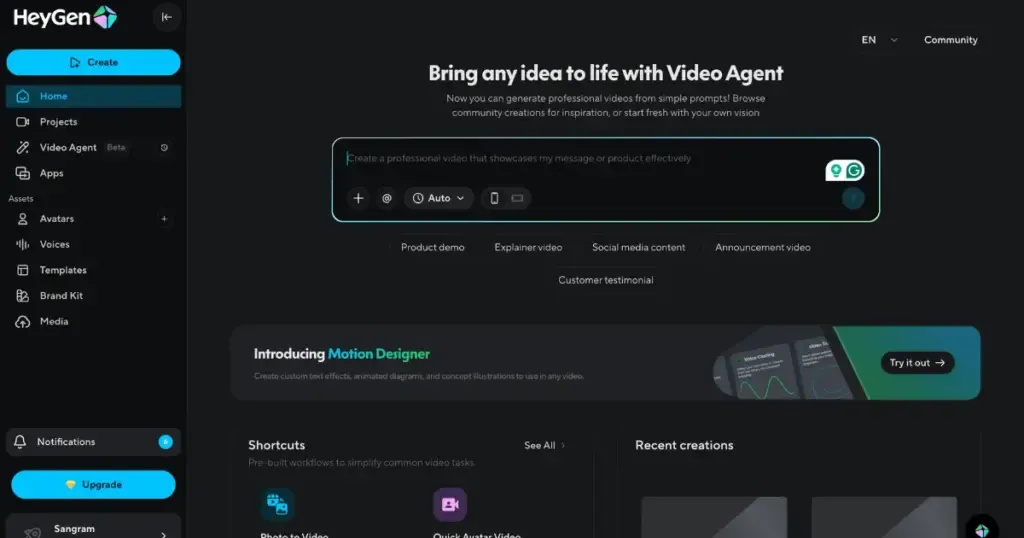 HeyGen AI video generator interface showing avatar and script setup for ecommerce ads