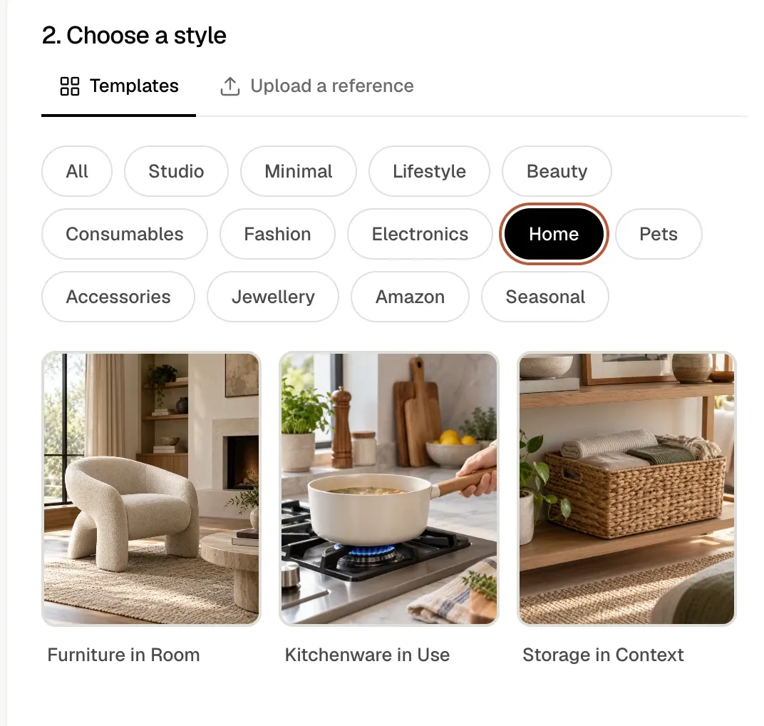 Shhots AI Choose a style screen with the Home filter selected, showing the Furniture in Room, Kitchenware in Use and Storage in Context photoshoot templates