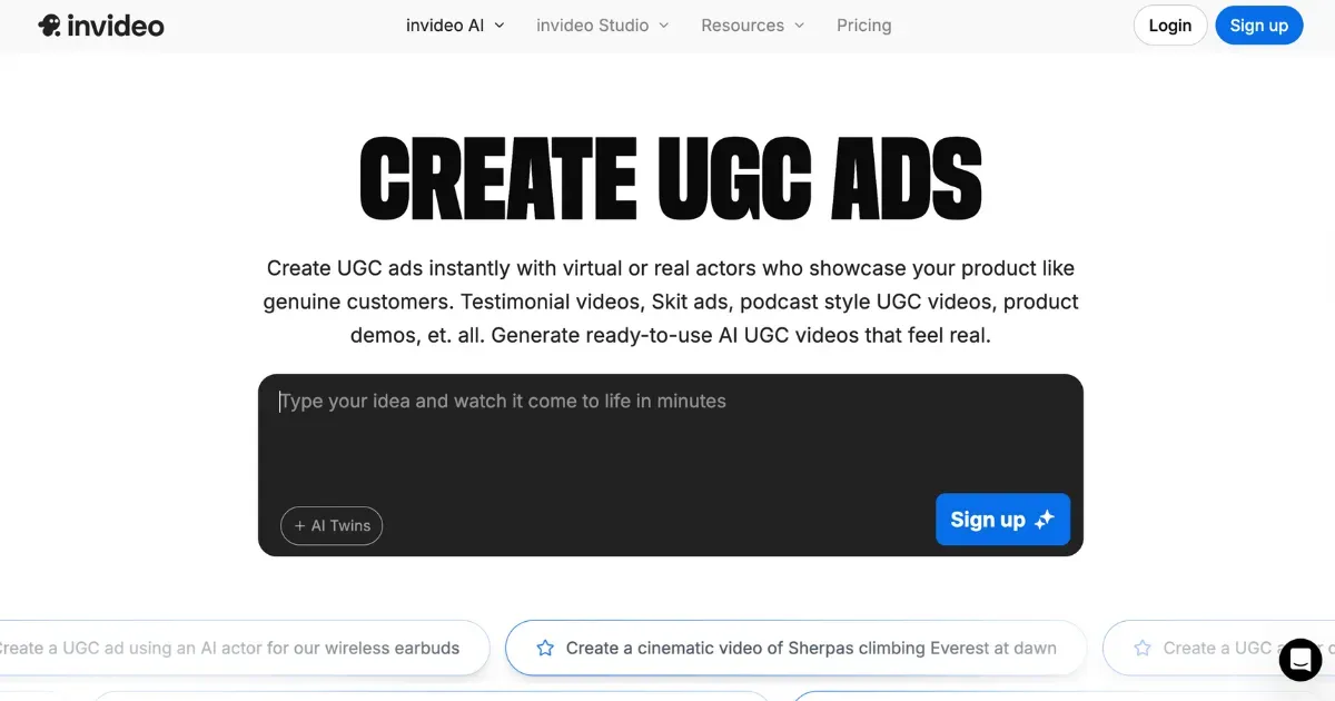 InVideo AI UGC ad generator workspace producing AI actor videos from a script
