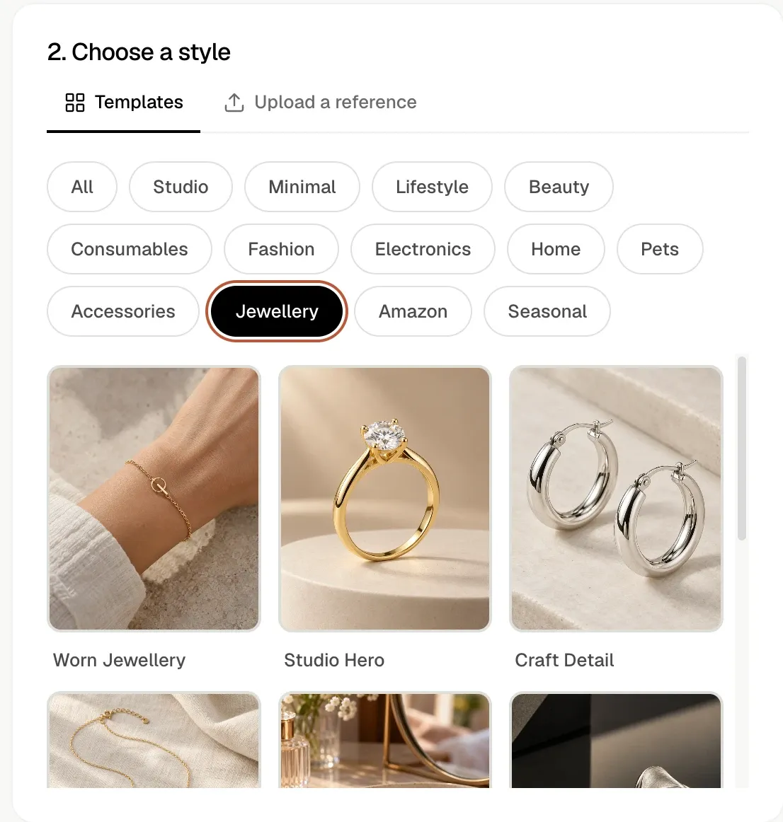 Shhots AI Choose a style screen with the Jewellery filter selected, showing the Worn Jewellery, Studio Hero and Craft Detail photoshoot templates