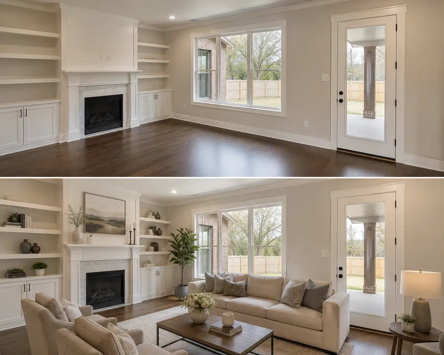 Before and after AI real estate photo editing — empty living room virtually staged with modern furniture, matched lighting and natural shadows for a sold-ready listing