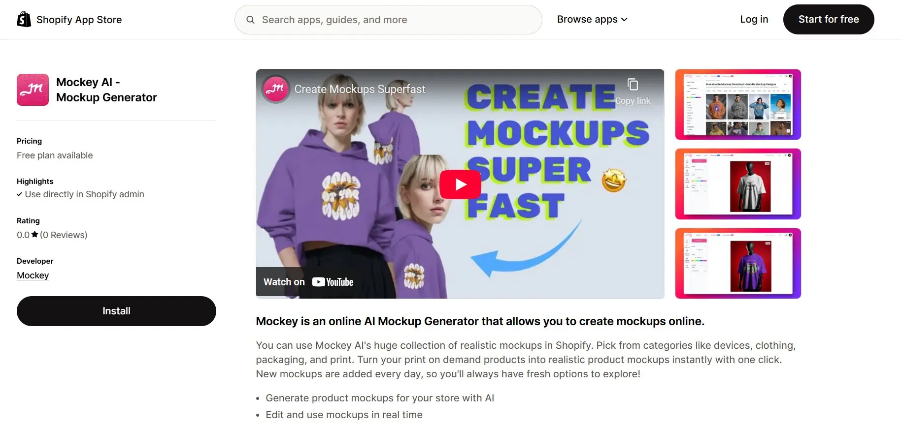 Mockey AI free Shopify mockup generator placing product designs onto t-shirts and merchandise