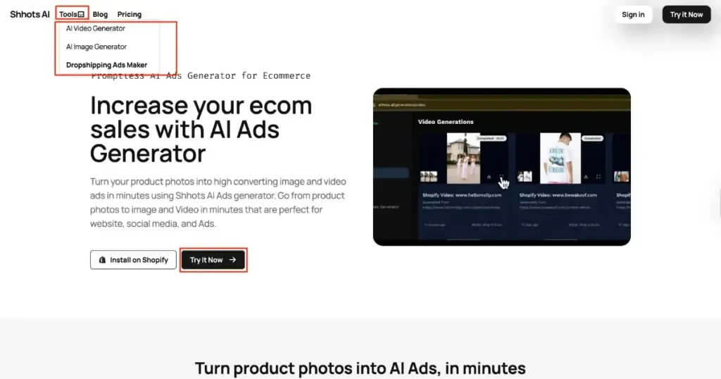 Navigating to the Shopify AI video generator inside the Shhots AI workspace