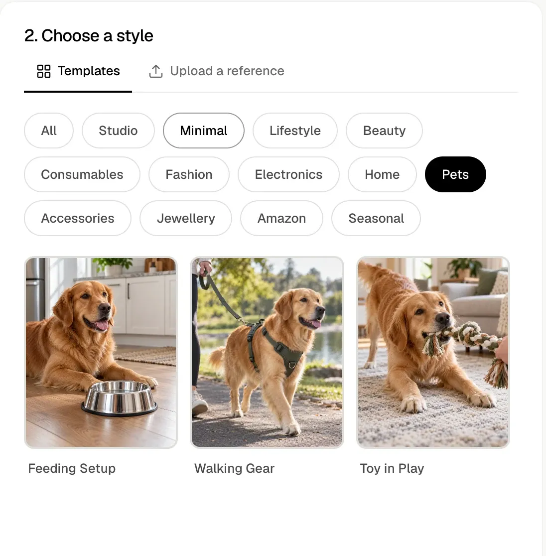 Shhots AI Choose a style screen with the Pets filter selected, showing the Feeding Setup, Walking Gear and Toy in Play photoshoot templates with a golden retriever