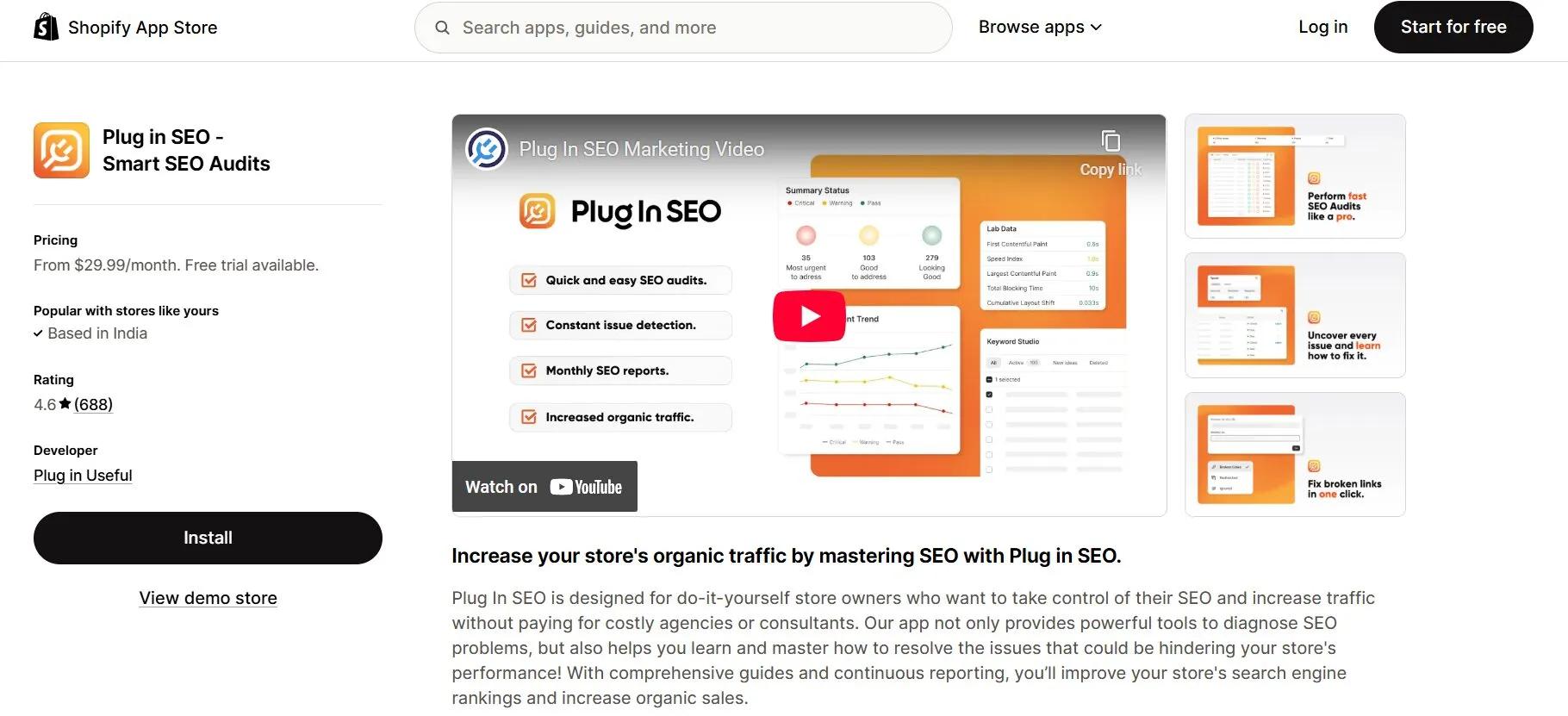 Plug in SEO Shopify app auditing meta tags, headings, and on-page SEO issues