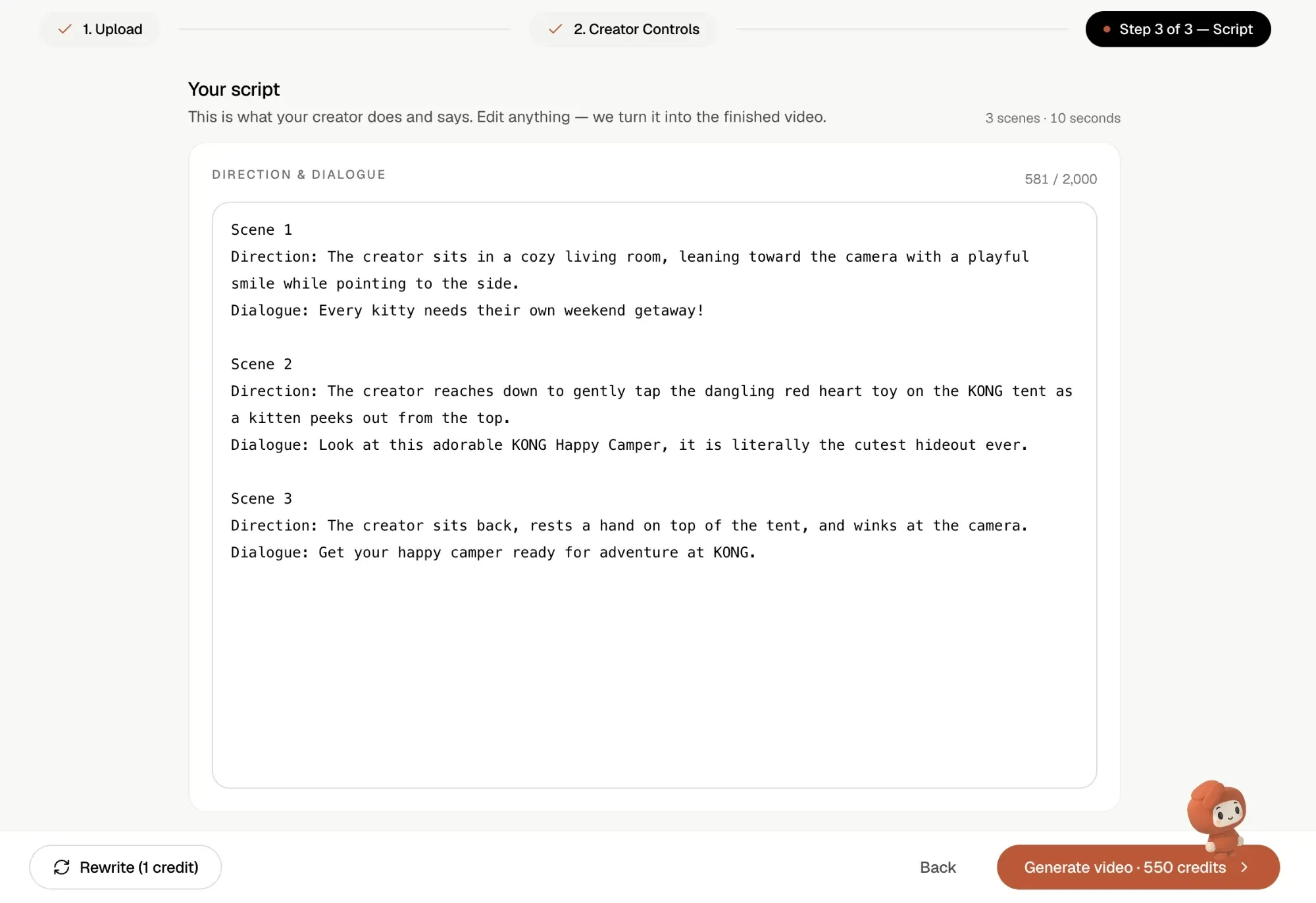 Step 3 of 3 Script screen in Shhots AI showing an AI-written three-scene, 10-second script with a Direction and Dialogue line for each scene, a Rewrite button costing 1 credit and a Generate video button