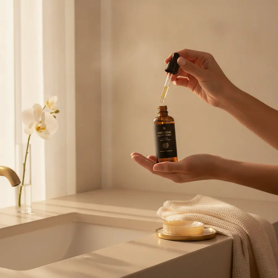 Output: hands holding the same serum bottle over a bathroom counter in warm light, generated by Shhots AI