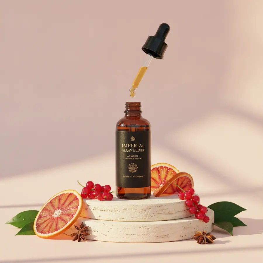 Output: the same serum bottle on a travertine podium with blood orange slices, generated by Shhots AI