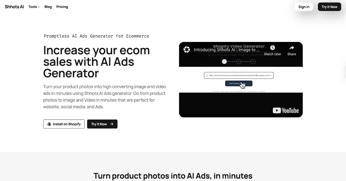 Shhots AI UGC ad generator dashboard turning product photos into TikTok and Reels ads