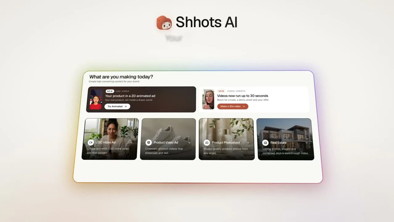Opening frame of the Shhots AI launch film: a tablet showing the Shhots AI workspace with the prompt What are you making today and four result cards, under the line Your AI Ad Studio