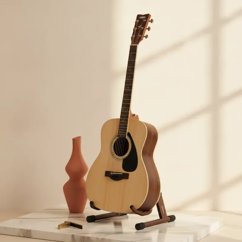 AI product photo: the acoustic guitar on its stand with a terracotta vase and capo on a marble slab