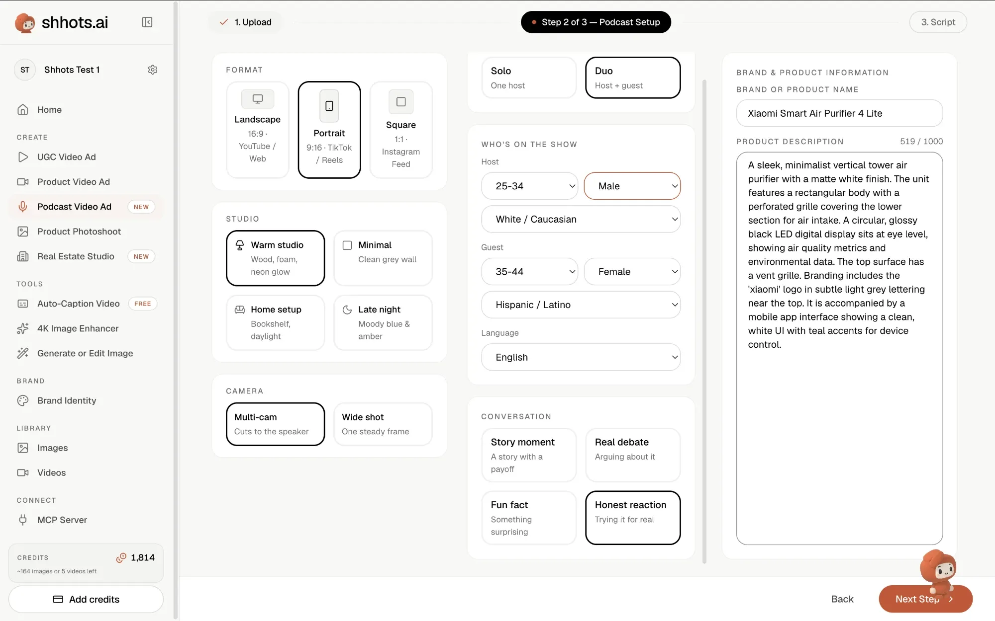 Podcast setup screen in the Shhots AI podcast ad generator with Portrait 9:16, Warm studio, Multi-cam, Duo hosts, a 25-34 male host and a 35-44 female guest speaking English, the Honest reaction conversation, and an editable product description for a white air purifier