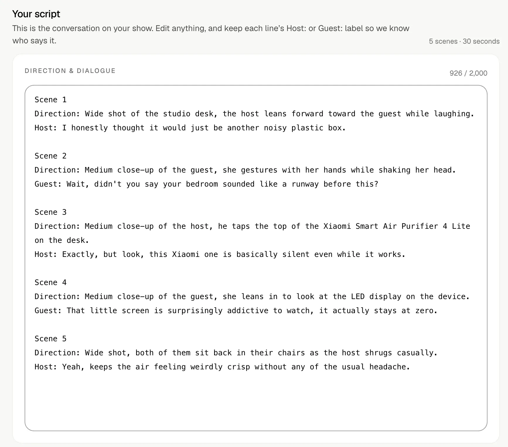 Editable five-scene podcast ad script in the Shhots AI podcast ad generator, each scene with a camera direction such as a wide shot of the studio desk or a medium close-up of the guest, and a Host or Guest line about how quiet an air purifier is, 926 of 2,000 characters used, 30 seconds