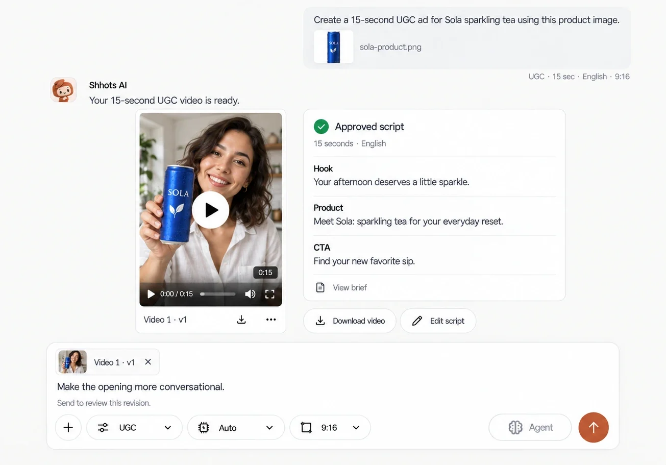 Finished 15-second UGC video in Shhots Agent showing a smiling woman holding a blue Sola sparkling tea can, beside the approved script with its hook, product line and call to action, and Download video and Edit script buttons