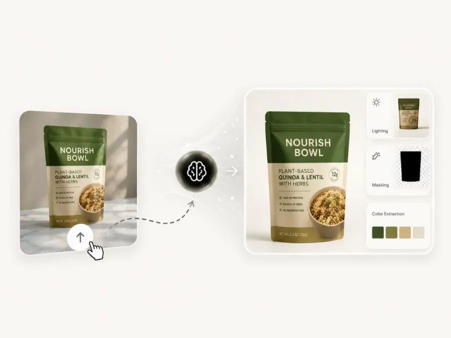 Shhots AI reading an uploaded product photo of a plant-based quinoa and lentil bowl pouch, extracting lighting, masking and brand colors