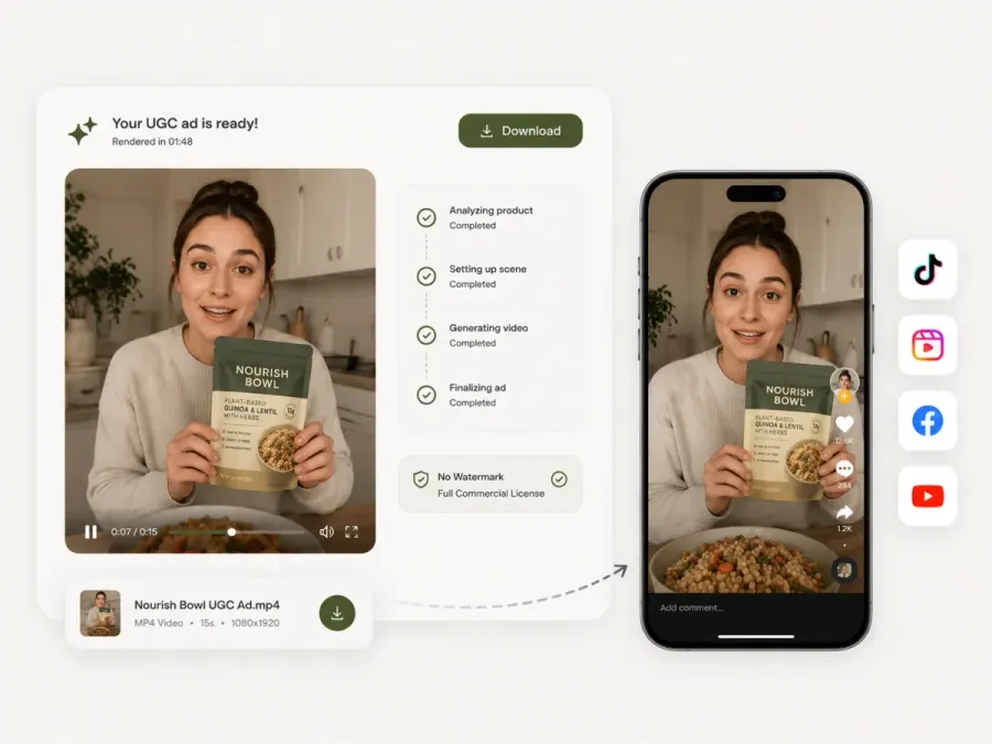 A finished Shhots AI UGC ad of a woman holding the product, ready to download with no watermark and shown on a phone beside social app icons