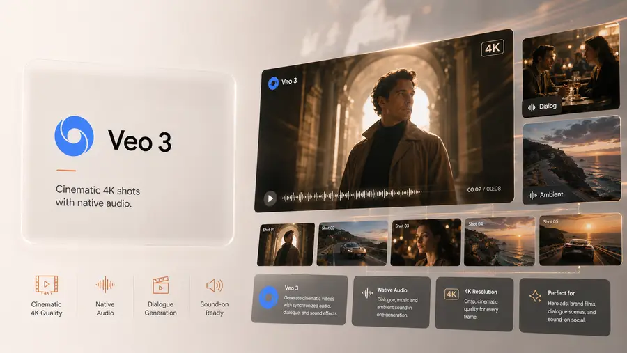 Google Veo 3 on Shhots AI — Google DeepMind's 4K AI video generator with native synced audio for cinematic hero ads and dialogue scenes