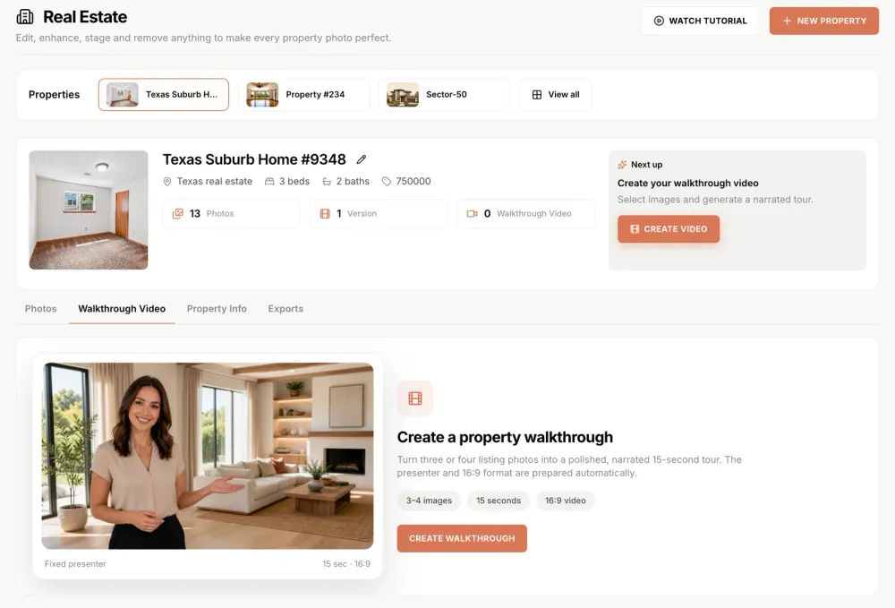 Step 4 of Shhots AI Real Estate Studio, the property panel where finished listing photos are reviewed beside their untouched originals, with the optional Create a property walkthrough option showing an AI presenter in a staged living room