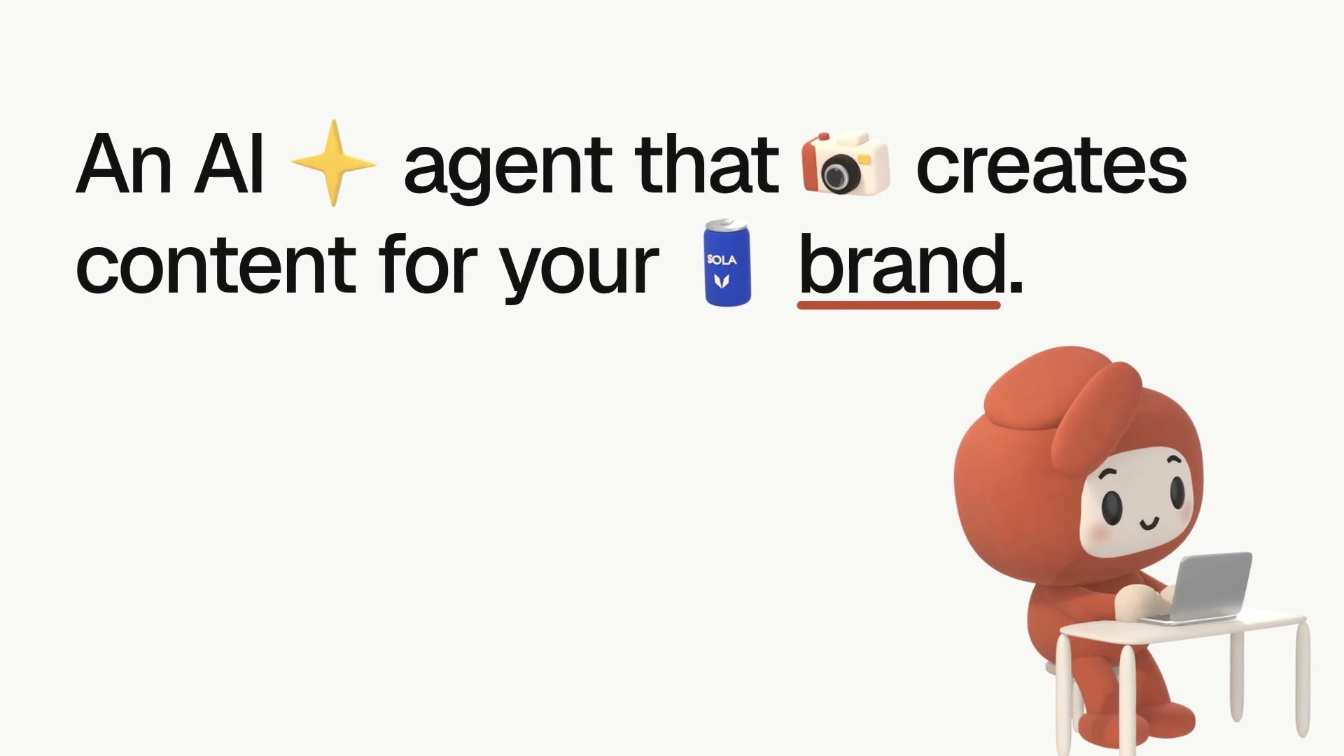 Shhots Agent launch frame: the line An AI agent that creates content for your brand beside the orange Shhots mascot at a laptop